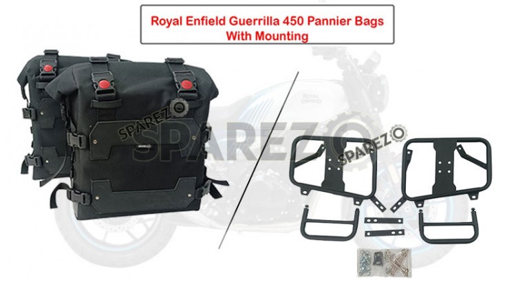 Fit For Royal Enfield Guerrilla 450 Black Canvas Pannier Bags With Mounting - SPAREZO